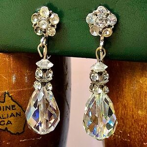 ✨🎀 VINTAGE CRYSTAL CLIP ONS❄️ AURORA BOREALIS Dangle Earrings 🎀 COSTUME ✨